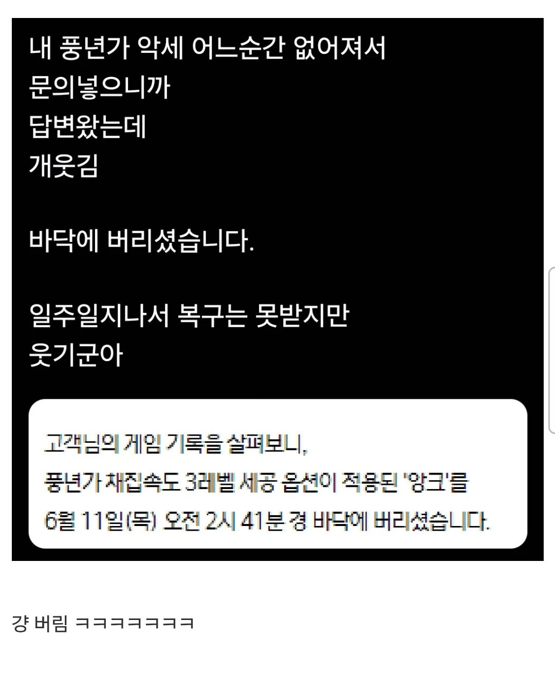 게임 아이템이 사라져 문의 넣은 사람